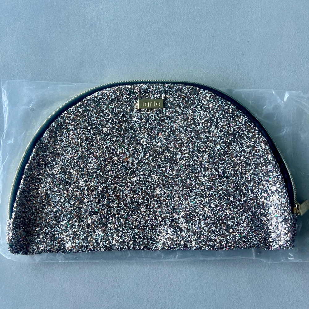 Tarte Silver Cosmetic Bag with Glitter Finish purse makeup clutch mascara blush